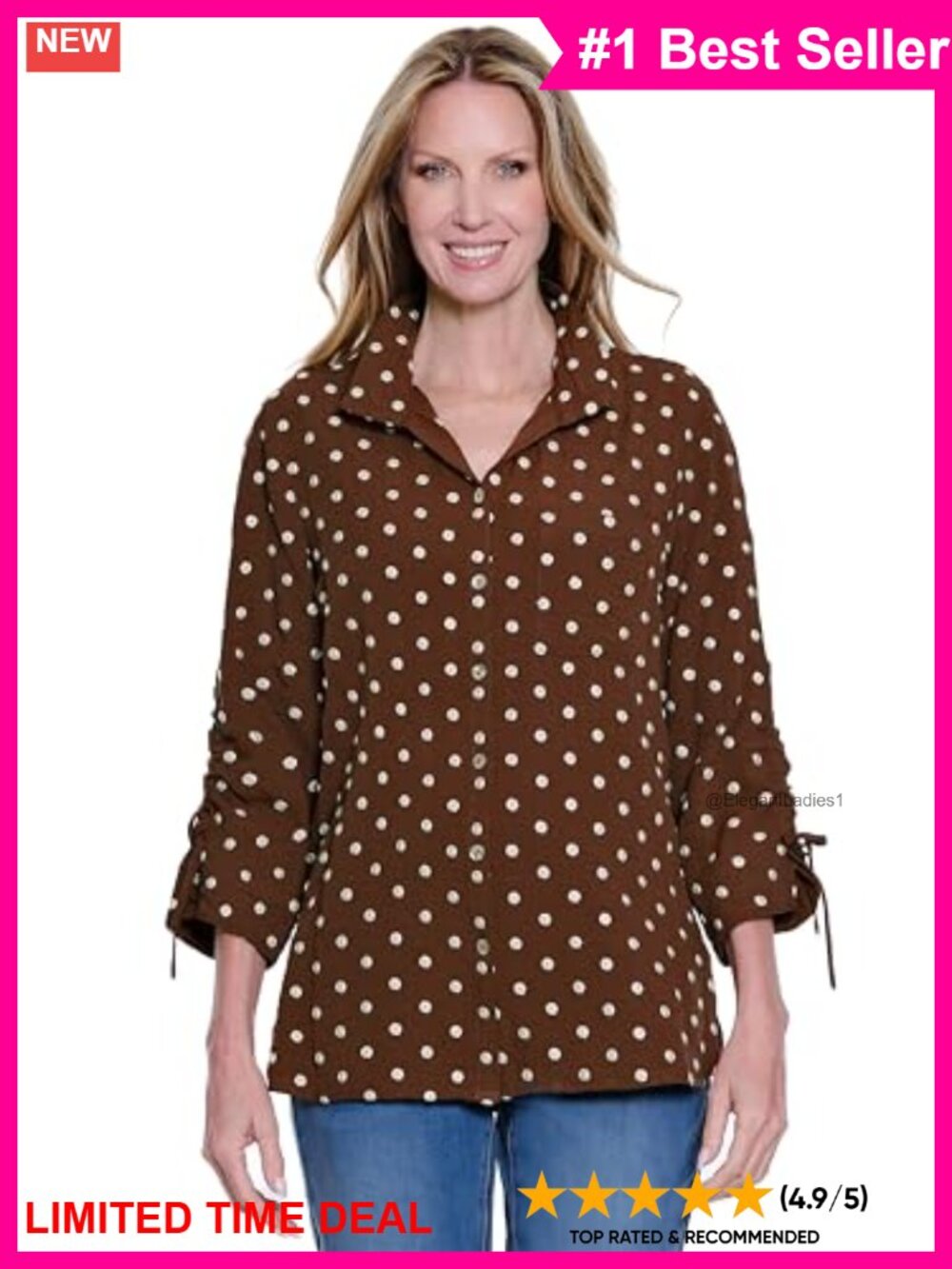 Woven Embroidery Dot Button Front Blouse Wire Collar Roll Tab 3/4 Sleeve